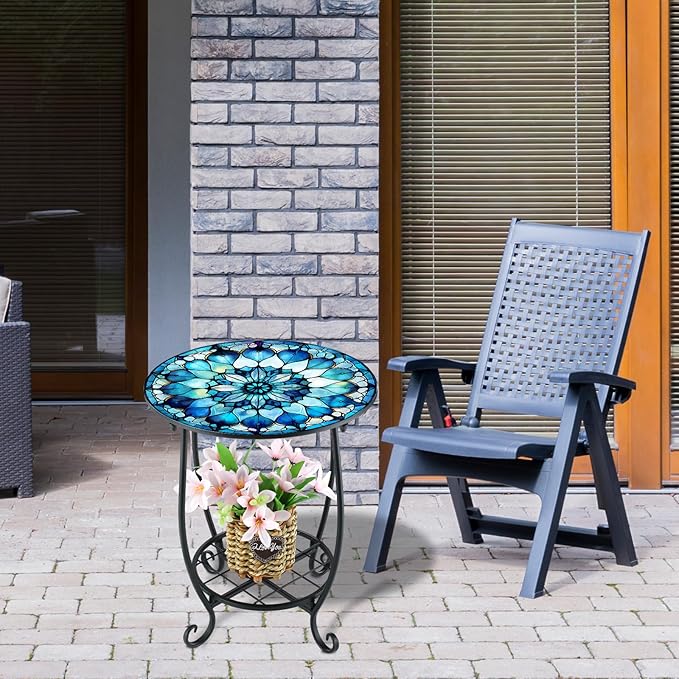 Outdoor Side Table Round Small Mosaic Patio Accent Indoor End Plant Coffee Tea Table for Yard Patio Porch Garden Living Room, Bedroom(Mandala Style,12 Inch) Cinnvoice