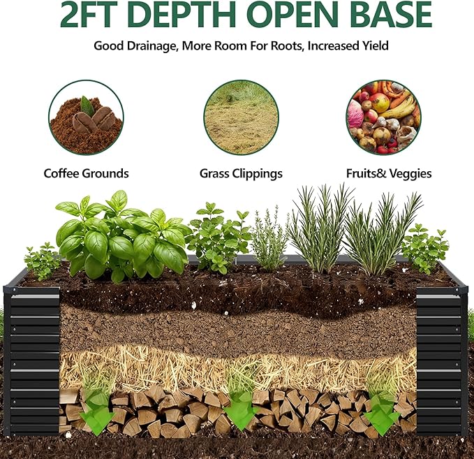 Vengarus 12x2x2FT Galvanized Raised Garden Bed Kit, Large Rectangle Elevated Planter for Vegetables, Flowers, Herbs and Succulents - 359 Gallon Capacity,Black Vengarus