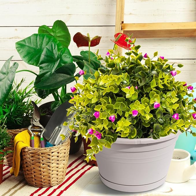 VIDELLY 4 Pcs Hanging Planters,10" Hanging Pots Plastic Hanging Flower Plant Basket with Drainage Trays & Chain Holder for Outdoor Indoor Plants Garden Balcony Decoration, Light Gray VIDELLY