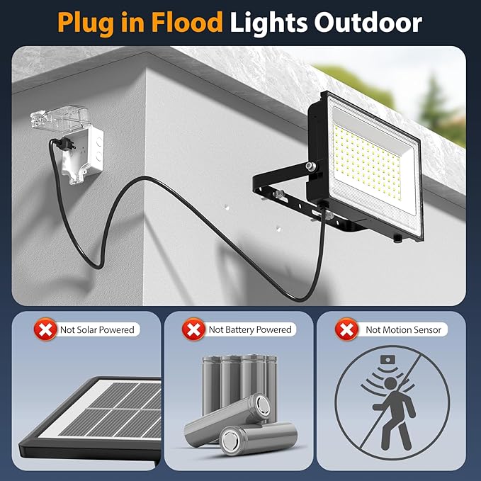 Onforu 120W Flood Lights Outdoor, 12000lm Bright LED Work Light with Plug, 6500K Daylight White LED Flood Lighting, IP66 Waterproof Security Yard Lights for Yard Garage Stadium 2 Pack Onforu