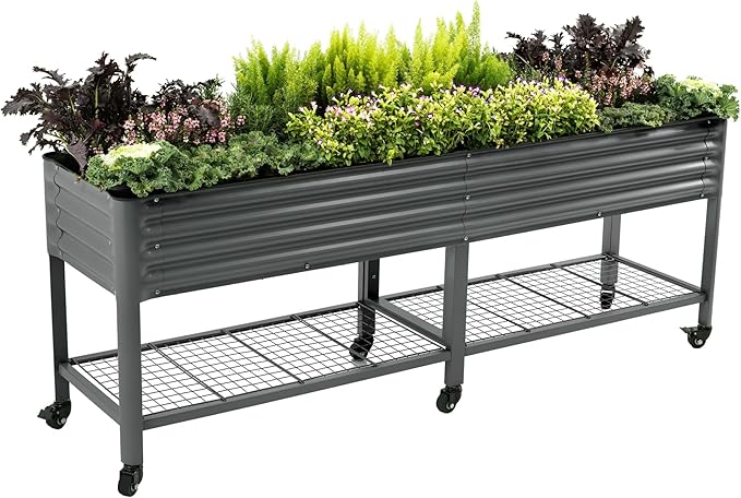 Rolling Elevated Raised Garden Bed-V Series, 2' x 8' Garden Beds with Legs & Storage Rack for Patio & Porch, 1400 Lbs Weight Capacity, Outdoor Planter Box for Vegetables Flower Herbs, Modern Gray VegoGarden