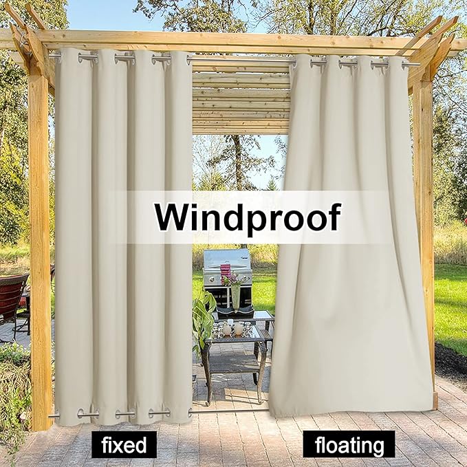 NICETOWN Outdoor Curtain Extra Wide for Patio Waterproof & Windproof, Rustproof Top and Bottom Grommet Thermal Insulated Drape Public Divider for Porch/Cabana, Beige, 1 PC, W100 x L84 NICETOWN