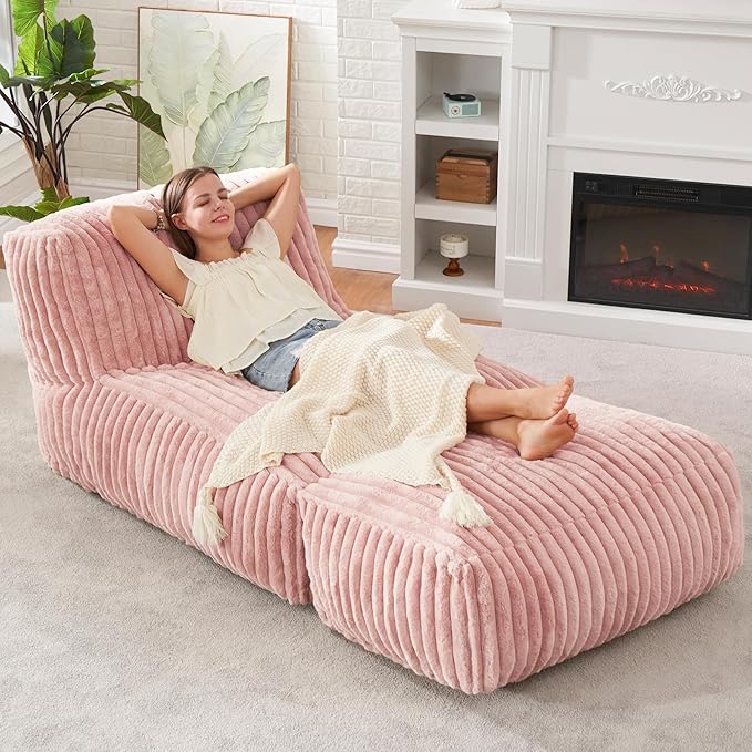 Hobestluk Big Bean Bag Lounger Chairs Large Beanbag Chair for Adults Bean Bag Sofa with Memory Foam Filled for Living Room, Bedroom or Balcony (Stripe Pink) YourHomeDeservesMore