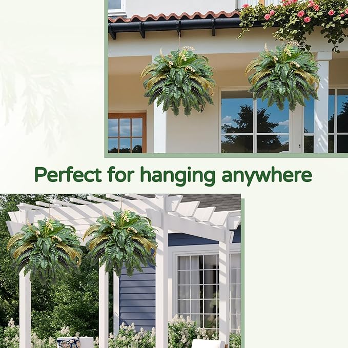 49” Artificial Ferns for Outdoors Planter, 128 Leaves per Fern, Set of 2, Large Lush Fake Boston Ferns Hanging Plants, UV Resistant Faux Greenery for Porch Patio Garden Home Decor Indoor Outdoor FAJUNZH