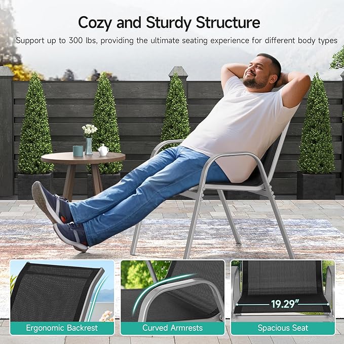 Patio Chairs Set of 6, Easily Set Up Stackable Outdoor Dining Chairs with High Back and Wide Seat, All Weather Breathable Outdoor Chairs Set of 6 with Metal Frame for Backyard Deck Pool, Black Dovov