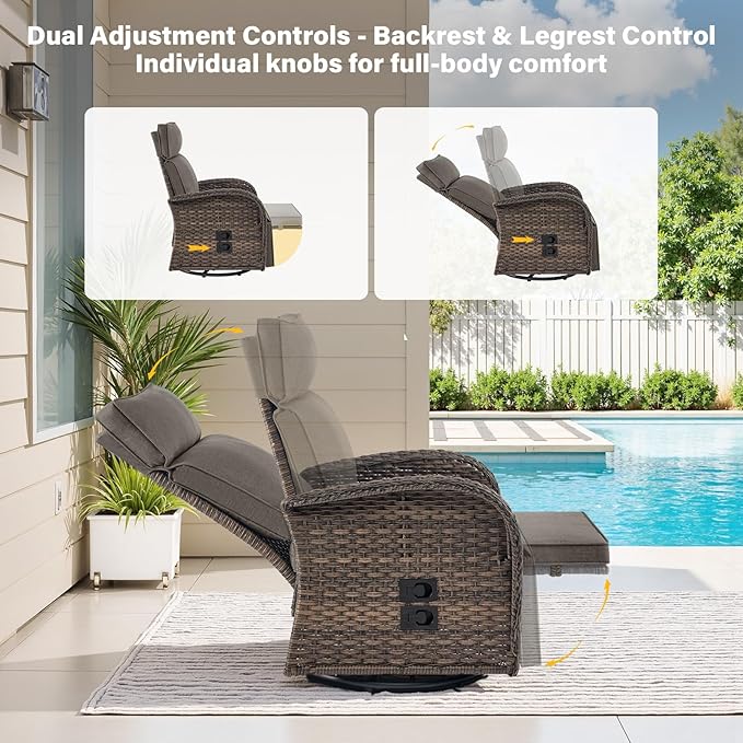 Belord 5 Piece Wicker Patio Furniture Set with 30" Propane Fire Pit Table, Outdoor Swivel Recliner Chairs with Adjustable Backrest & Footrest for Patio Conversation and Backyard Gathering Belord