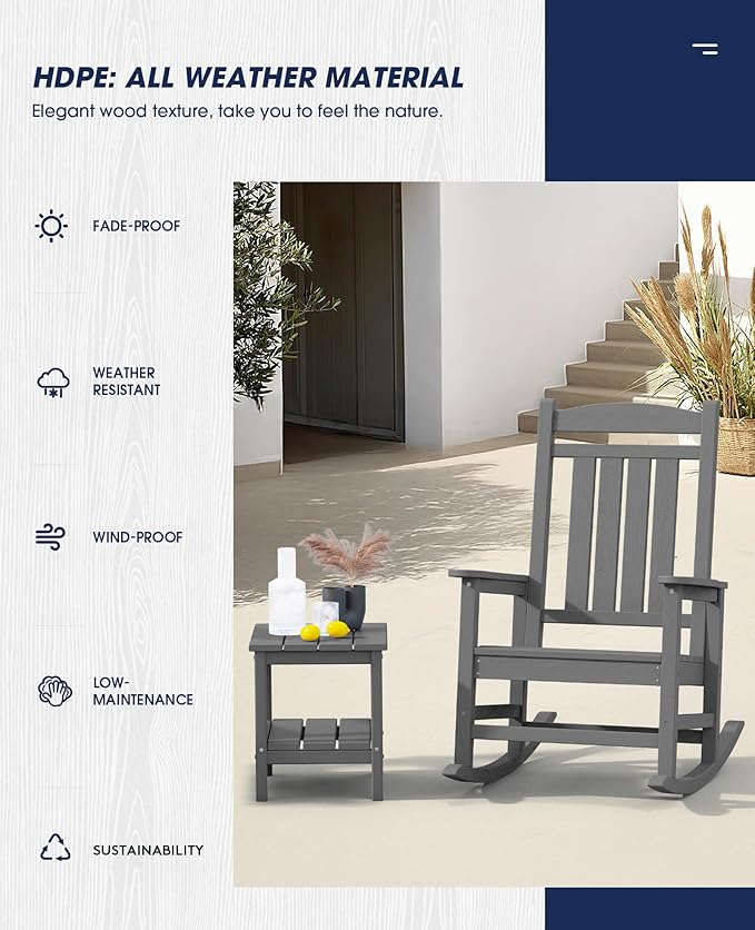 KINGYES Oversized Outdoor Rocking Chair Set of 2, HDPE Patio Rocking Chairs for Adults,Gray KINGYES