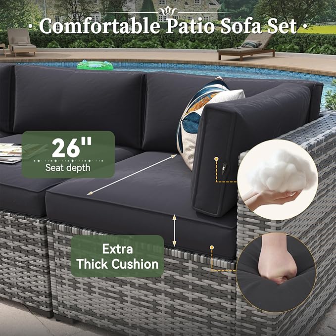 Aoxun 12 Piece Patio Furniture Set with 44” Fire Pit Table Wicker Rattan Outdoor Sectional Sofa Set with Coffee Table and Thickened Cushions, Grey/Black (Waterproof Cover Included) Aoxun