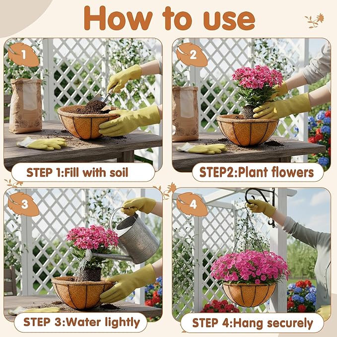 8 inch Metal Hanging Baskets For Plants Outdoor 4 Pack Round Metal Wire Hanging Basket Planter with Coco Fiber Liners Chain Round Wire Plant Holder for Garden, Patio, Deck, Porch Plants Flower Potss JFFLYIT