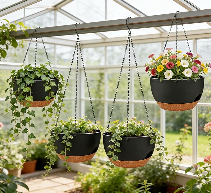 Set of 2-8 Inch Self Watering Hanging Planters for Indoor Outdoor，Hanging Plant Pots with Drainage & Removable Tray, Hanging Pots Holder for Ivy, Pothos, Ferns, Balcony & Patio, Black Brown zople