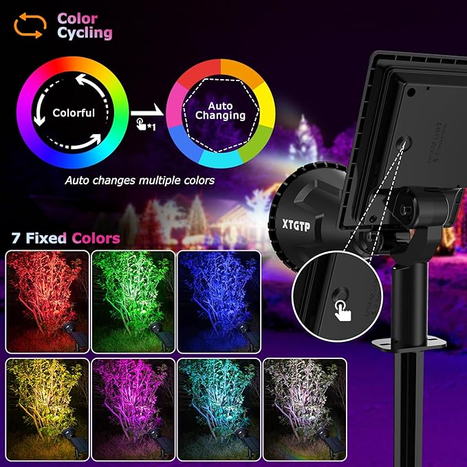 Solar Spotlights Outdoor Color Changing, 180°Adjustable Flag Pole Lights, IP67 Garden Lights Solar Powered Waterproof, Wall Lights for Garden Pool Area Pond, Landscape Solar Light for Yard XTGTP