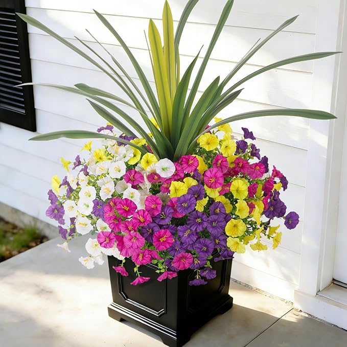 Artificial Flowers for Outdoors Fake Plants Outside, 12 Bundles Silk Morning Glory with Eucalyptus + Orchid Leaf UV Resistant Realistic Faux Flowers for Porch Planter Garden Patio (Mix Color) INXUGAOArtificialFlowers