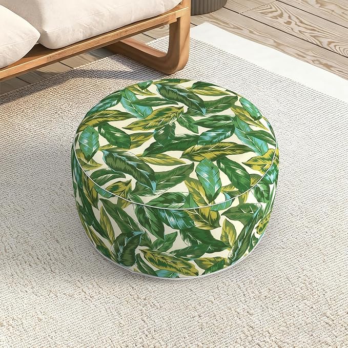 LVTXIII Indoor/Outdoor Extra Large Inflatable Ottoman Pouf D31 x H14 Inch, Round Footstool with Handle, Weather-Resistant Portable Furniture for Patio, Camping, Beach, Lush Leaf Jungle LVTXIII