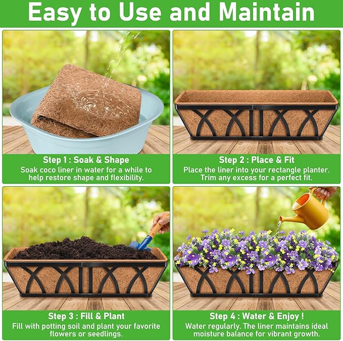 Riare 2 Pack 24 Inch Rectangle Coconut Liners for Planters, Natural Coconut Fiber Planter Liners, Window Box Liner Trough Coco Liner for Outdoor Flower, Garden Wall, Deck & Fence Planter Boxes Riare