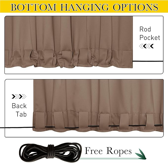 NICETOWN 2 Panels Blackout Patio Waterproof Outdoor Curtains, Top & Bottom Pocket & Back Tab Wind-Break Thermal Drapes Privacy Sound Reducing for Pergola with Fixed Ropes, W52 x L84, Tan-Khaki NICETOWN
