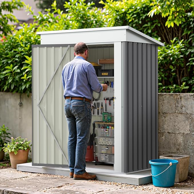 Greesum 5×3 FT Outdoor Storage Shed, Metal Storaged Sheds Without Floor, Tool Sheds with Lockable Doors and Slooping Roof for Garden, Patio, Backyard, Gray BuynowfromGreesum