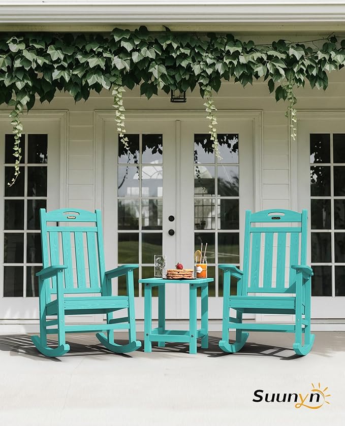 Oversized Outdoor Rocking Chair, High Back Porch Rocker Chair, HDPE All Weather Resistant Rocking Chairs for Patio, 380lbs Weight Capacity, Lake Blue Suunyn