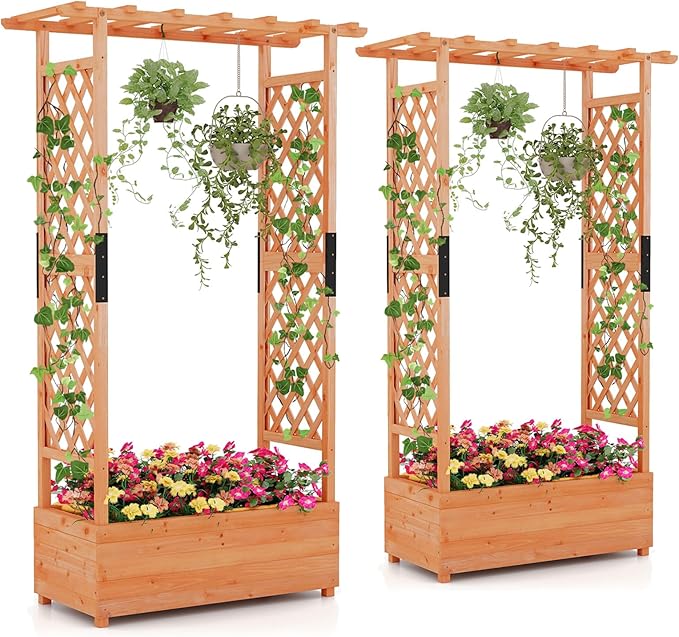 Giantex 2 Pcs Raised Garden Bed with Trellis & Hanging Roof, Wood Planter Box with Bottom & Drainage Holes, Freestanding Garden Planter for Flower Vegetable Fruit Herb Climbing Vines, 43.5"x17.5"x72" Giantex