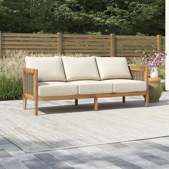 Merax 76.5" Outdoor Acacia Wood Wicker 3 Seater Sofa, Patio Furniture Couch for Backyard Merax