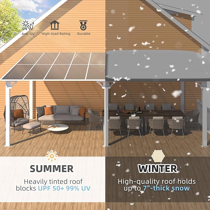 AECOJOY 20' x 8' White Outdoor Gazebo for Patio, Large Wall-Mounted Hard Top 8x20 Lean to Metal Gazebo Shelter Pergolas and Gazebos Clearance with Patio Roof, Heavy Duty Awnings for Patio, Decks AECOJOY