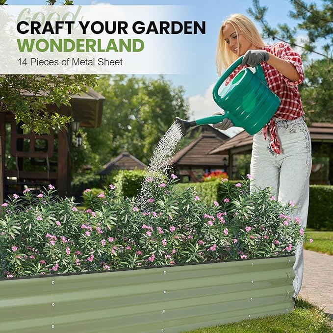 5-in-1 Adjustable Raised Garden Bed Kit | Galvanized Planter Boxes for Vegetables, Flowers | 12" Tall, Multiple Sizes (8x3x1ft, 9x2x1ft, 10x1x1ft, 6x5x1ft, 7x4x1ft) | Outdoor Metal Raised Bed, Green GGOODGAIN