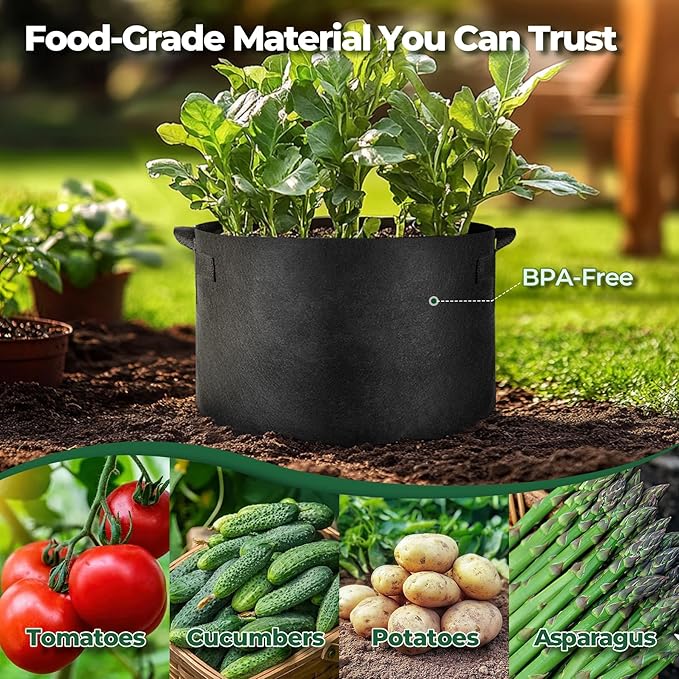 T4U Fabric Plant Grow Bags with Handle 15 Gallon Pack of 5, Heavy Duty Nonwoven Smart Garden Pot Thickened Aeration Nursery Container Black for Outdoor Potato, Tomato, Chili, Carrot and Vegetables T4U