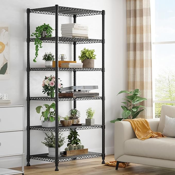 Xcity Storage Shelves, 6 Tier Heavy Duty Metal Shelving Unit, 2400 LBS Capacity Adjustable Steel Wire Shelf Organizer for Pantry, Kitchen, Garage, 14" D x 30" W x 70" H, Black Rootora