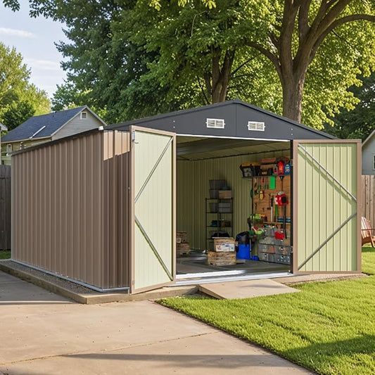 Patiowell 10 x 12 FT Metal Storage Shed for Outdoor with Floor Frame, Steel Yard Shed with Design of Lockable Doors, Utility and Tool Storage for Garden, Backyard, Patio, Outside use,Brown Patiowell