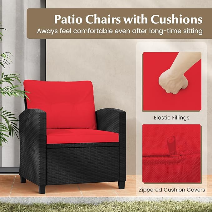 Tangkula 3 Pieces Patio Furniture Set, Rattan Conversation Set w/Soft Seat & Back Cushions, Tempered Glass Topped Coffee Table, Cushioned Wicker Seating for Backyard, Porch, Poolside (Red) TANGKULA