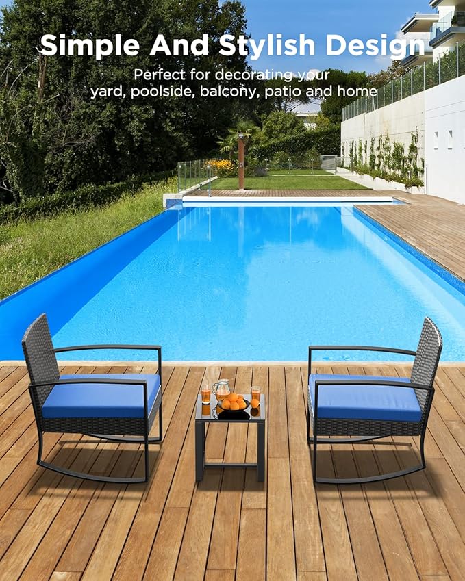 3 Piece Patio Bistro Set Patio Furniture Set Outdoor Wicker Rocking Furniture Conversation Set with Tempered Glass Coffee Table for for Front Porch Balcony and Deck (Blue Cushion) Qsun