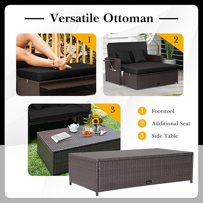 Tangkula Patio Rattan Daybed with 4-Level Adjustable Backrest, Outdoor PE Wicker Loveseat with Storage Ottoman & Folding Side Tray, Double Sunbed Lounger for Balcony, Backyard & Poolside, Black TANGKULA
