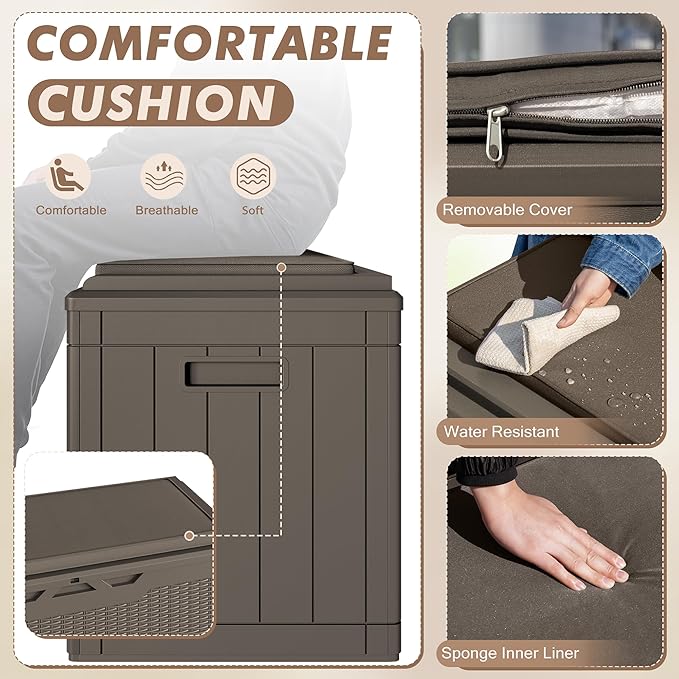 Devoko 100 Gallon Deck Box, Waterproof Resin Outdoor Storage Box with Cushion for Outside, Large Outdoor Storage Bench Cabinet Lockable for Patio Furniture and Garden Tools (Brown) DEVOKO