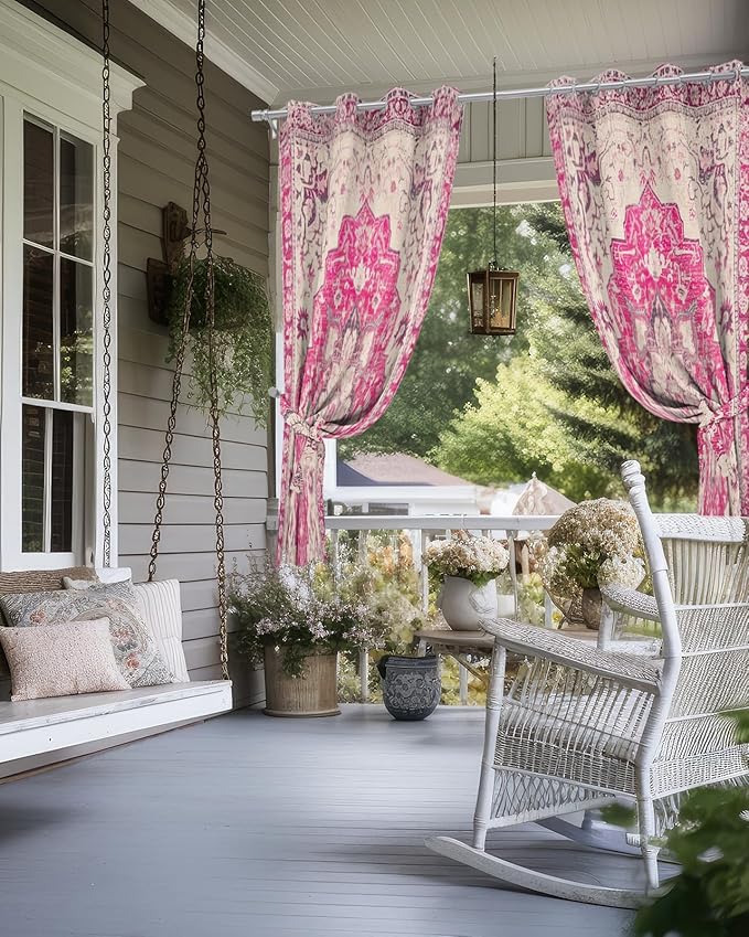 Pink Bohemian Outdoor Curtains for Patio Waterproof, Grommet Privacy Curtain Drapes Weatherproof Outside Curtains for Porch GazeboPergola Cabana 2 Panel 54x84inch Medallion Floral Geometric Printed Rootora