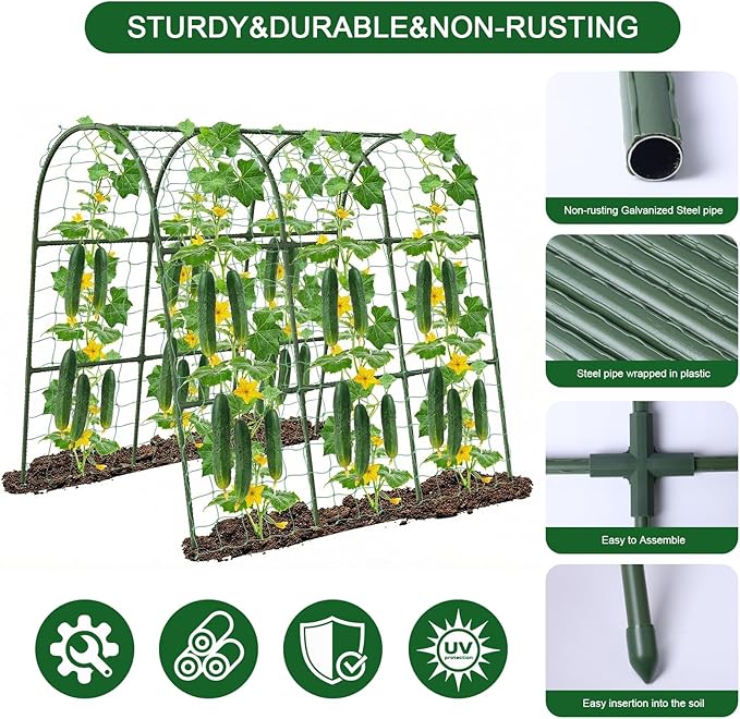 U-Shape Cucumber Trellis for Raised Bed - 47"x47"x22" Metal Garden Trellis with Net & Clips | Rust-Proof Plant Support for Cucumber, Tomato, Peas | Heavy-Duty Outdoor Climbing Plants Trellis Eunice