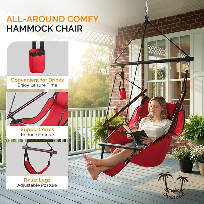 ONCLOUD Upgraded Unique Hammock Hanging Sky Chair, Air Deluxe Swing Seat with Rope (Red) ONCLOUD