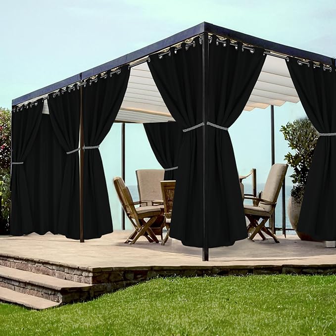 HolidayIdeas Grommet Outdoor Curtains for Patio Waterproof 8 Pcs All Weather Balcony Black Outside Curtains for Apartments, Gazebo, Pergolas, Porch, 54x84 Inch HolidayIdeas