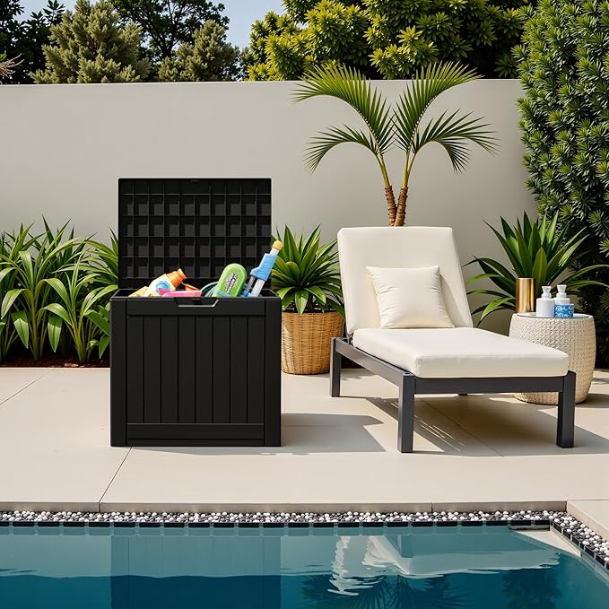 Flamaker Resin Deck Box 40 Gallon Waterproof Outdoor Indoor Storage Box Imitation Wood Resin for Patio Furniture Garden Tools and Pool (Black) Flamaker