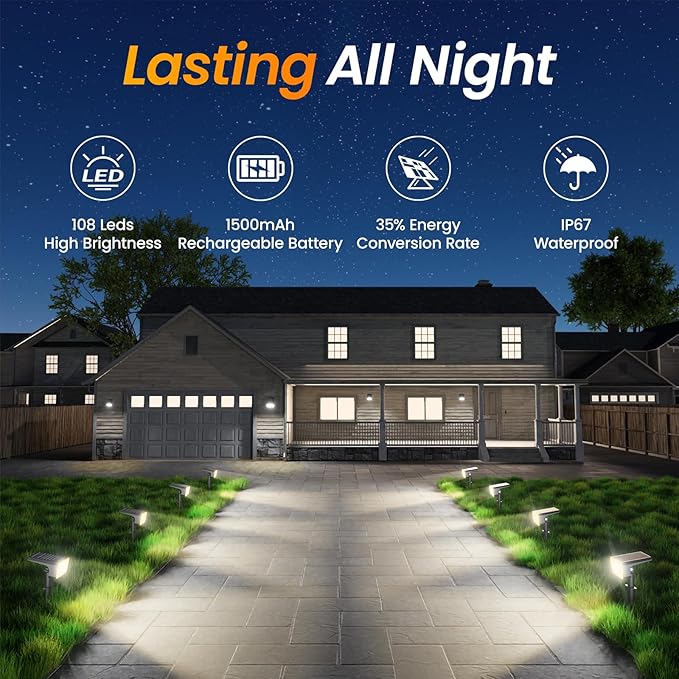 Fabrito 8 Pack Solar Spot Lights Outdoor Waterproof IP67, [108 LEDs, 4 Modes] Dusk to Dawn Spotlights with 1500mAh Battery for All Night, Landscape Lights for Tree, Yard, Pool, Pathway, Warm White Fabrito