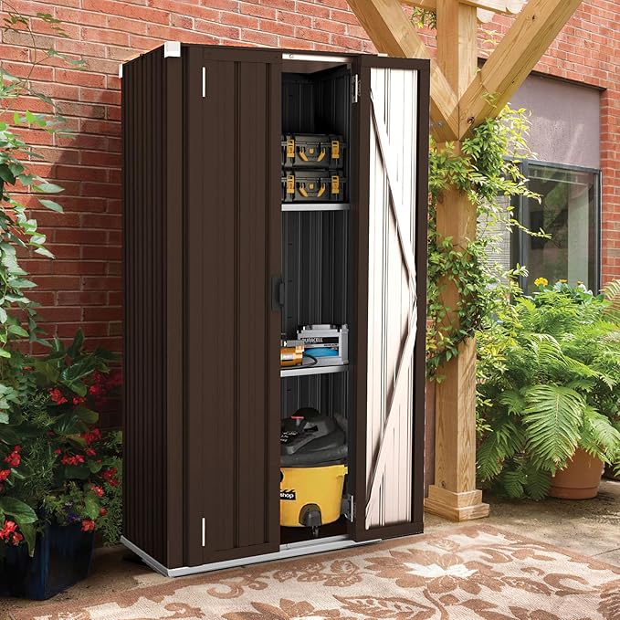 AECOJOY Outdoor Storage Cabinet Waterproof with Adjustable Shelves, Vertical Tall Garden Outdoor Cabinet, Sheds & Outdoor Storage Clearance Cabinet Weatherproof for Outside in Brown AECOJOY