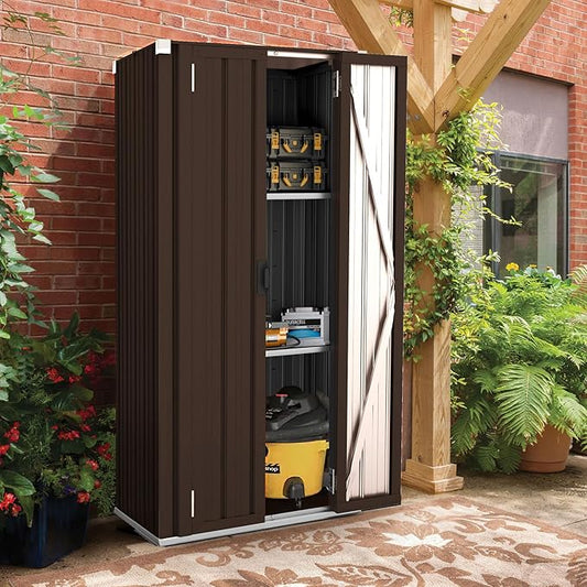 AECOJOY Outdoor Storage Cabinet Waterproof with Adjustable Shelves, Vertical Tall Garden Outdoor Cabinet, Sheds & Outdoor Storage Clearance Cabinet Weatherproof for Outside in Brown AECOJOY