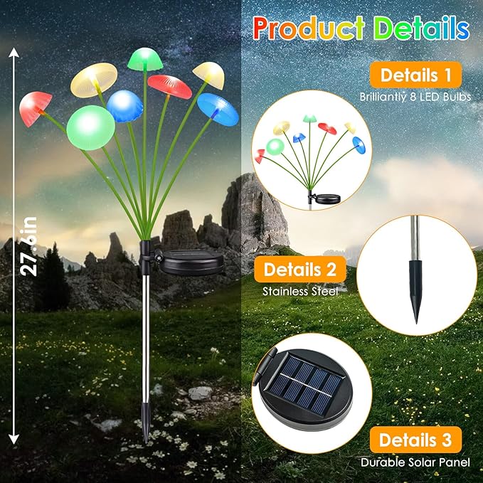 4PK 32LED Solar Garden Lights Outdoor, Mushroom Solar Lights Outdoor, IP65 Waterproof Firefly Light Outside Decor for Patio Pathway, Sway by Wind for Pathway Garden Mushroom Decorations, Multicolor KAQ