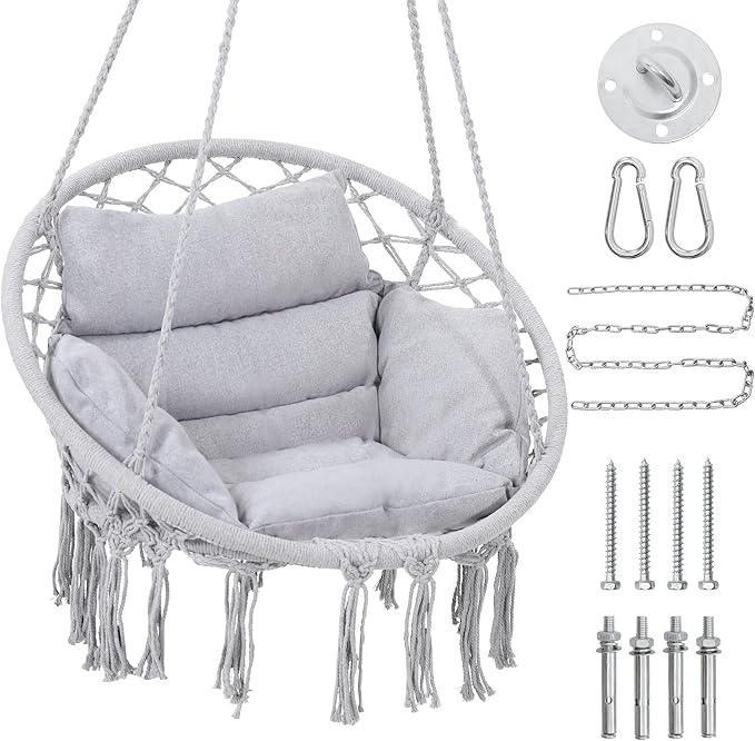 Macrame Hammock Hanging Swinging Chair with Medium Cushion, Perfect for Bedroom, Porch, Adults, Balcony, Grey KROFEM