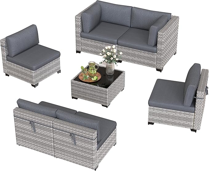 6-Piece Outdoor Patio Furniture Set, All-Weather Wicker Sectional Sofa with Deep Seating 4” Cushions, Heavy-Duty Steel Frame, Modular Rattan Couch for Backyard, Deck & Garden, Black MASIONBACKYARDS