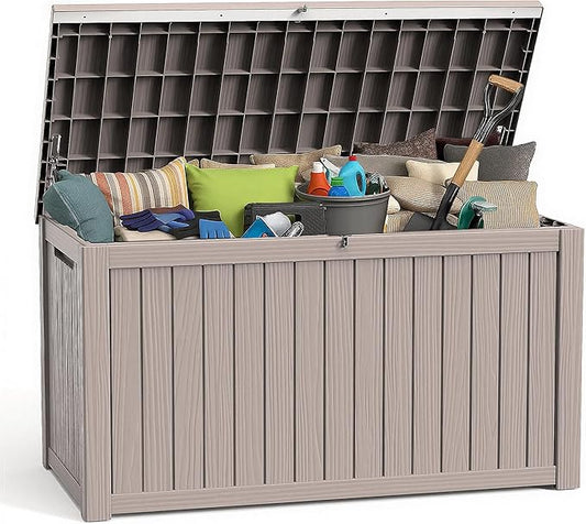 ROJIK Outdoor Storage Housing Deck Box - Waterproof Patio Furniture, Garden Tools, Cushions, Pool Accessories Storage Bench with Lockable Lid and Side Handles (Grey 200 Gal) ROJIK