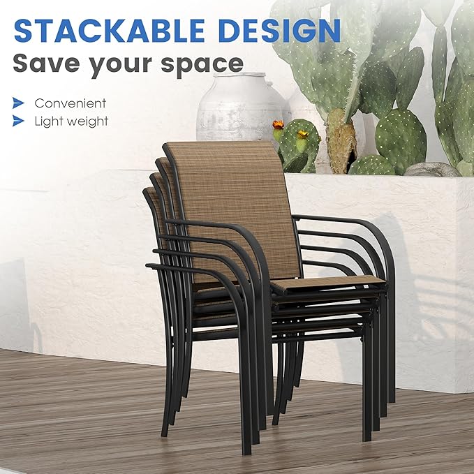 VICLLAX 5 Pieces Patio Dining Set, Outdoor Furniture Set Includes 1 Square Outdoor Table and 4 Stackable Patio Sling Chairs, Black Tabletop and Brown Fabric HOME