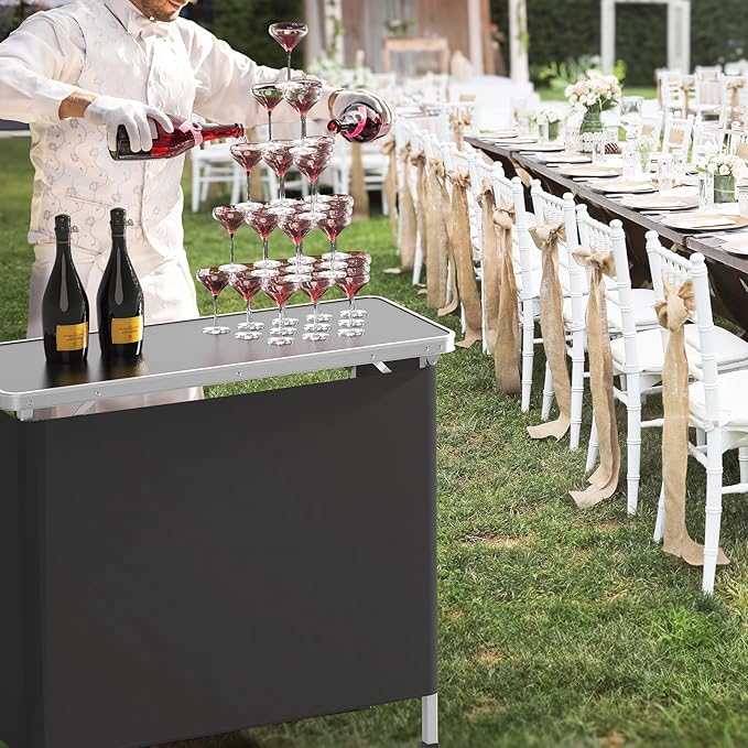 VINGLI Portable Bar Table, 2-Tier Shelves, Mobile Bar Table for Events, Party, Camping, Picnic, Tradeshow, Indoor with Black Skirt, 39 "L x 34" H VINGLI
