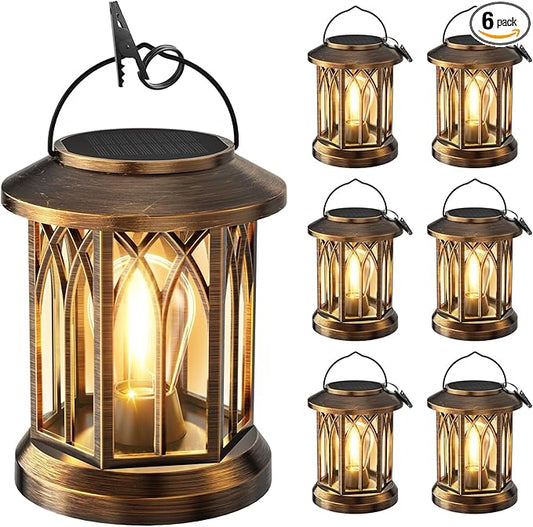 WdtPro Solar Lanterns Outdoor Lights, 6 Pack Bright Lanterns Outdoor Waterproof with Clip Patio Decor, Hanging Solar Lights for Outside Garden Yard Front Porch Table Decoration (Antique Copper) WdtPro