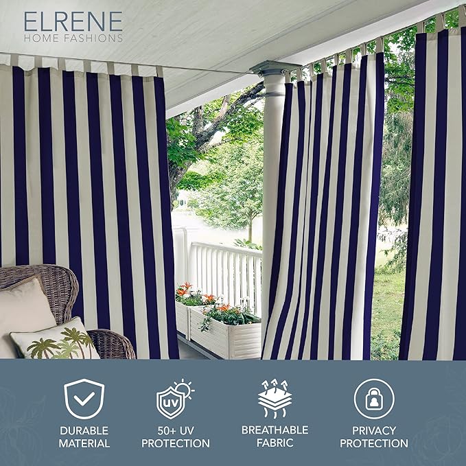 Elrene Home Fashions Highland Stripe Indoor/Outdoor Curtain Panel, 50 inches X 84 inches, Navy ElreneHomeFashions