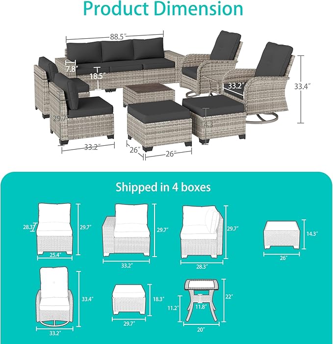 11-Piece Outdoor Patio Furniture Set with Rocking Swivel Chair Wicker Sectional Sofa Set, Patio Conversation Set with Ottomans & Coffee Table for Garden, Backyard, Poolside, Dark Grey MuphyersPatioFurniture