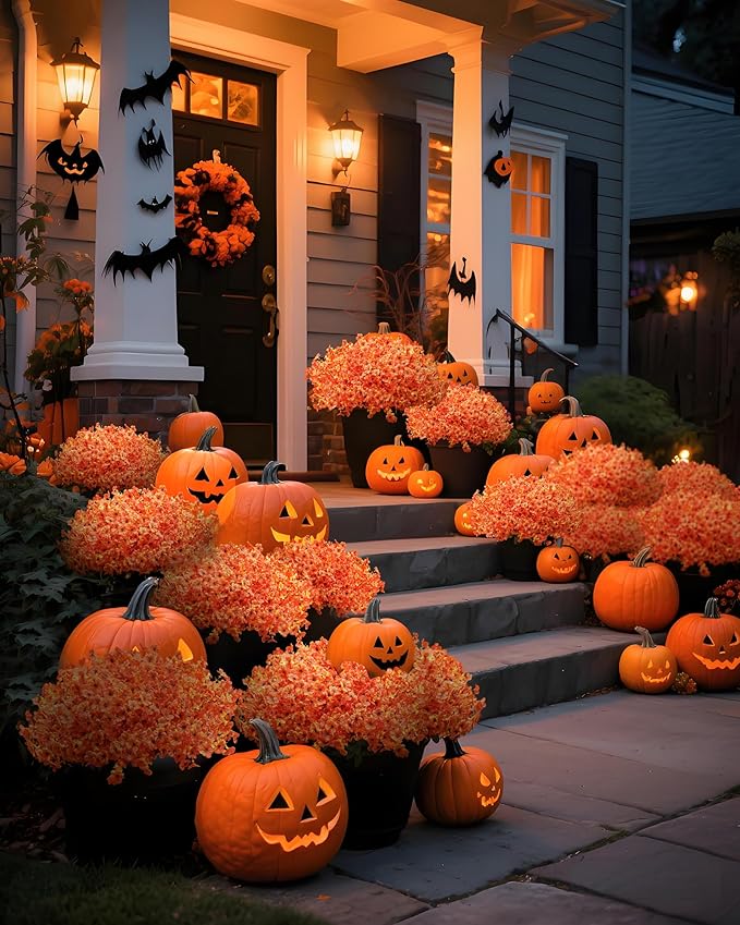 Artificial Fall Flowers Faux Mums for Outdoor Planters,Orange Red 16 Bundles Silk Fake Plants UV Resistant for Outside,Autumn Decorations for Porch,Pot,Window Boxes,Front Yard,Thanksgiving Home Decor JAKY-Global